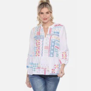 Johnny Was Embroidered Linen Katie Peplum Field Blouse White NWT